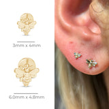 Minimalist Bee Flat Back Stud Earrings in Solid 14k Yellow Gold