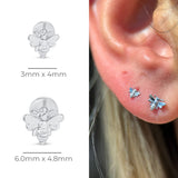 Minimalist Bee Flat Back Stud Earrings in Solid 14k White Gold