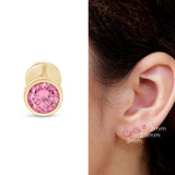 Round Pink Tourmaline Flat Back Stud Earrings Bezel Set in Solid 14k Yellow Gold