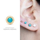Round Turquoise Cabochon Flat Back Stud Earrings in Braided Bezel Set in Solid 14k Yellow Gold