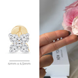 Diamond Four Petal Flower Flat Back Stud Earrings in Solid 14k Yellow Gold