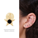 Black Onyx Star Flat Back Stud Earrings Milgrain Set in Solid 14k Yellow Gold