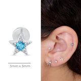 Blue Topaz Star Flat Back Stud Earrings Milgrain Set in Solid 14k White Gold