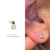 Diamond and Emerald Flat Back Stud Earrings in Solid 14k Yellow Gold