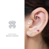 Beaded Four Petal Flower Diamond Flat Back Stud Earrings in Solid 14k White Gold