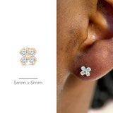 Beaded Diamond Four Petal Flower Flat Back Stud Earrings in Solid 14k Yellow Gold
