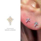 Diamond Pavé Studded Cross Flat Back Stud Earrings in Solid 14k Yellow Gold