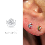 Diamond Crescent Moon Flat Back Stud Earrings in Solid 14k White Gold