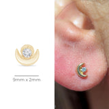 Diamond Crescent Moon Flat Back Stud Earrings in Solid 14k Yellow Gold