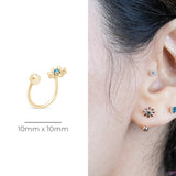 Blue Diamond Flower & Ball Reversible Huggie Hoop in Solid 14k Yellow Gold