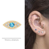 Blue Topaz Evil Eye Flat Back Stud Earrings in Solid 14k Yellow Gold