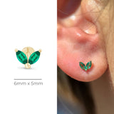 Emerald Double Marquise Flat Back Stud Earrings in Solid 14k Yellow Gold