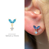 Blue Topaz Double Marquise Drop Flat Back Stud Earrings in Solid 14k Yellow Gold