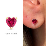 Ruby Heart Flat Back Stud Earrings in Solid 14k Yellow Gold