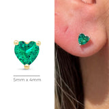 Emerald Heart Flat Back Stud Earrings in Solid 14k Yellow Gold