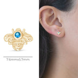 Blue Topaz Bee Flat Back Stud Earrings in Solid 14k Yellow Gold