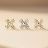 Beaded Four Petal Flower Diamond Flat Back Stud Earrings in Solid 14k White Gold