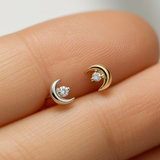 Diamond Crescent Moon Flat Back Stud Earrings in Solid 14k White Gold