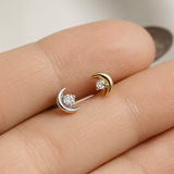Diamond Crescent Moon Flat Back Stud Earrings in Solid 14k White Gold