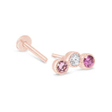 Triple Tourmaline Flat Back Stud Earrings Milgrain Set in Solid 14k Rose Gold