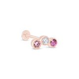 Triple Tourmaline Flat Back Stud Earrings Milgrain Set in Solid 14k Rose Gold
