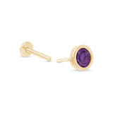 Round Amethyst Flat Back Stud Earrings Bezel Set in Solid 14k Yellow Gold