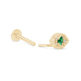 Emerald Evil Eye Flat Back Stud Earrings in Solid 14k Yellow Gold