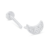 Stone Studded Crescent Moon Flat Back Stud Earrings in Solid 14k White Gold