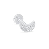 Stone Studded Crescent Moon Flat Back Stud Earrings in Solid 14k White Gold