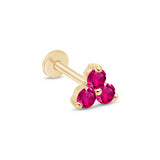 Pink Ruby Trinity Cluster Flat Back Stud Earrings in Solid 14k Yellow Gold