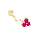 Pink Ruby Trinity Cluster Flat Back Stud Earrings in Solid 14k Yellow Gold
