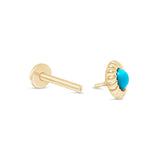Round Turquoise Cabochon Flat Back Stud Earrings in Braided Bezel Set in Solid 14k Yellow Gold