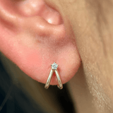Diamond Double Suspender Flat Back Stud Earrings in Solid 14k White Gold