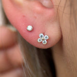 Beaded Diamond Four Petal Flower Flat Back Stud Earrings in Solid 14k Yellow Gold