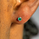 Round Emerald Flat Back Stud Earrings Bezel Set in Solid 14k White Gold