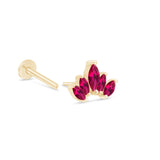 Marquise Cut Five Petal Ruby Lotus Flat Back Stud Earrings in Solid 14k Yellow Gold