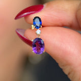Dangling Oval Sapphire and Amethyst Earrings in Solid 10k Yellow Gold