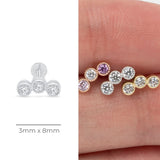 Triple Gemstone Flat Back Stud Earrings Milgrain Set in Solid 14k White Gold
