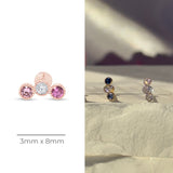 Triple Tourmaline Flat Back Stud Earrings Milgrain Set in Solid 14k Rose Gold
