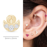 Gemstone Studded Crescent Moon Flat Back Stud Earrings in Solid 14k Yellow Gold