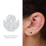 Stone Studded Crescent Moon Flat Back Stud Earrings in Solid 14k White Gold