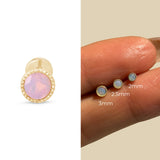 Pink Opal Flat Back Stud Earrings Milgrain Set in Solid 14k Yellow Gold