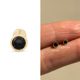 Black Onyx Flat Back Stud Earrings Milgrain Set in Solid 14k Yellow Gold