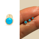 Turquoise Flat Back Stud Earrings Milgrain Set in Solid 14k Yellow Gold