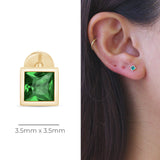 Princess Cut Emerald Flat Back Stud Earrings Bezel Set in Solid 14k Yellow Gold