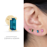 Blue Topaz Baguette Flat Back Stud Earrings in Solid 14k Yellow Gold