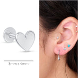 Minimalist Heart Flat Back Stud Earrings in Solid 14k White Gold