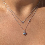Diamond Heart Station Necklace in Solid 14k White Gold