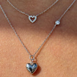 Diamond Heart Station Necklace in Solid 14k White Gold