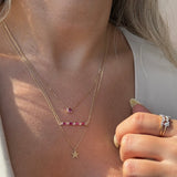 Alternating Emerald Cut Ruby and Round White Sapphire Bar Necklace in Solid 10k Yellow Gold